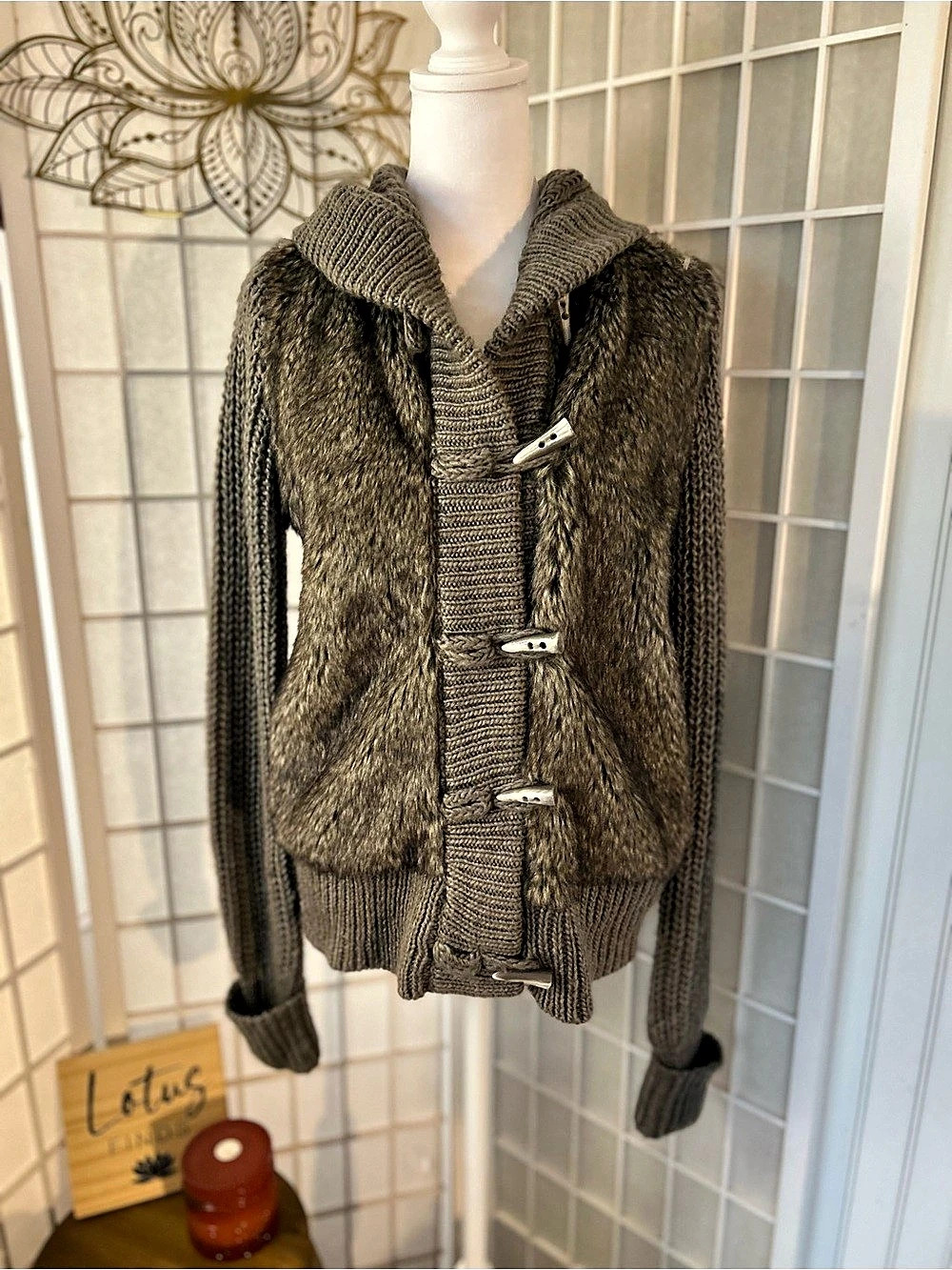 Zara Faux-Fur Trim Toggle Cardigan in Gray & Brown Size Large